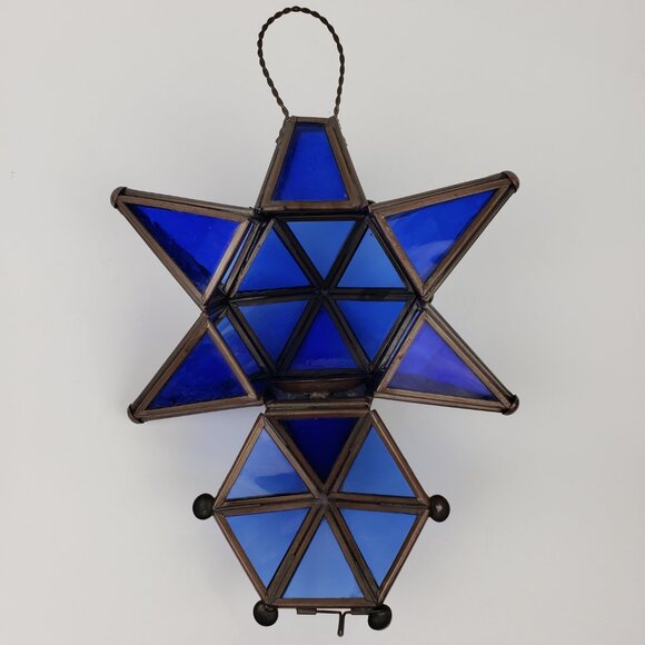 Vintage 3 Dimensional  Stained Glass 6 Points Blue Star Candleholder - Picture 6 of 6